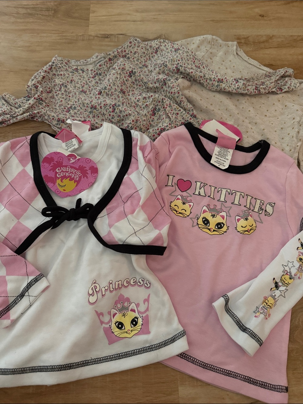 Girls' Pink Four Top Bundle  "I ♥ Kitties" & Princess, Floral, Dots, Size 4T